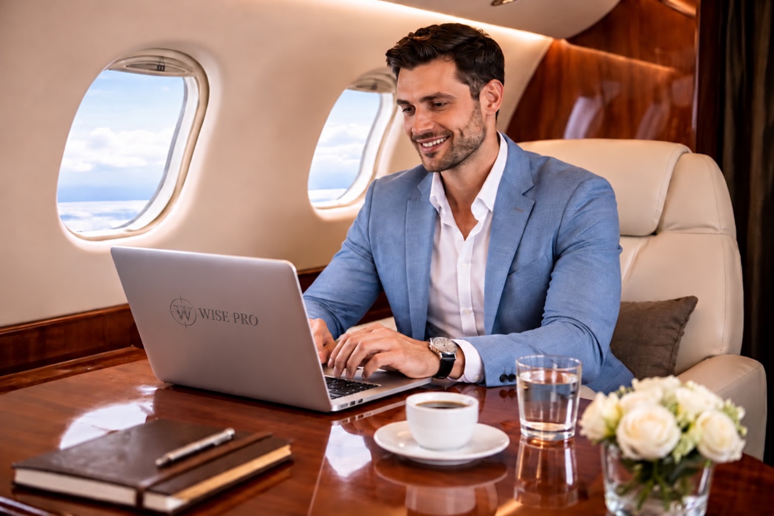 Empresário usando um notebook com a marca WISE Pro em um jato particular