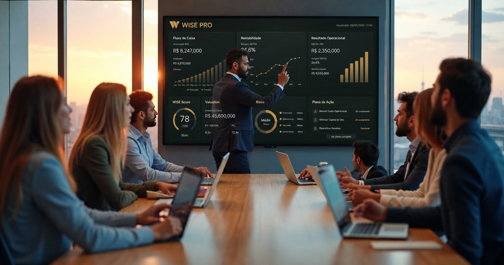 Imagem conceitual de uma reunião com painel de gestão empresarial